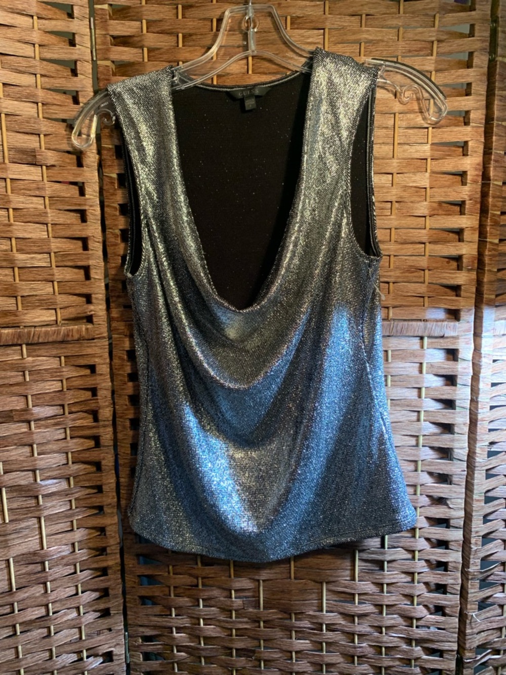 Guess Metallic Silver Drape Neck Sleeveless Top